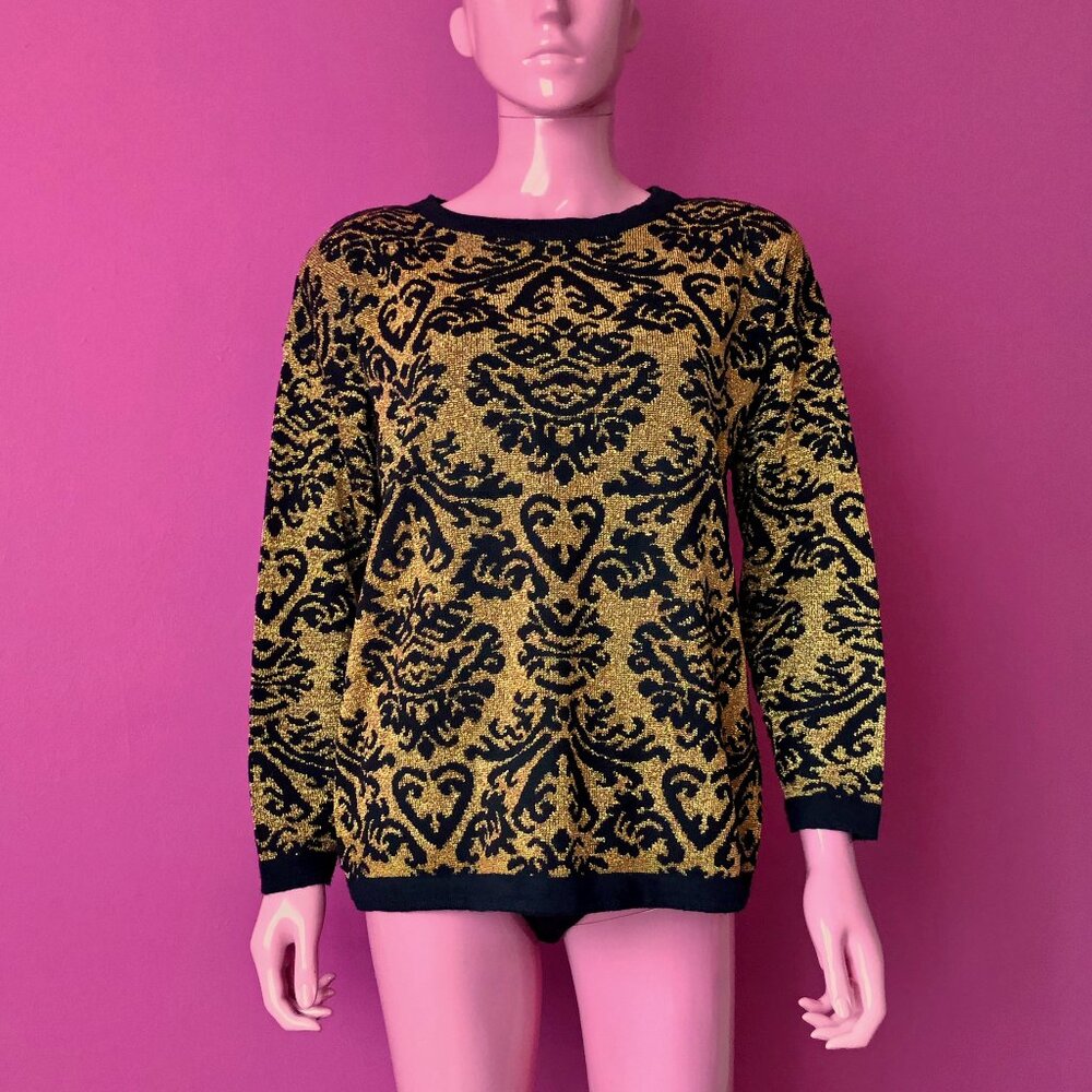 Vintage 80s L Knit Pullover Sweater Shoulder Pads Gold Black Flourish Metallic